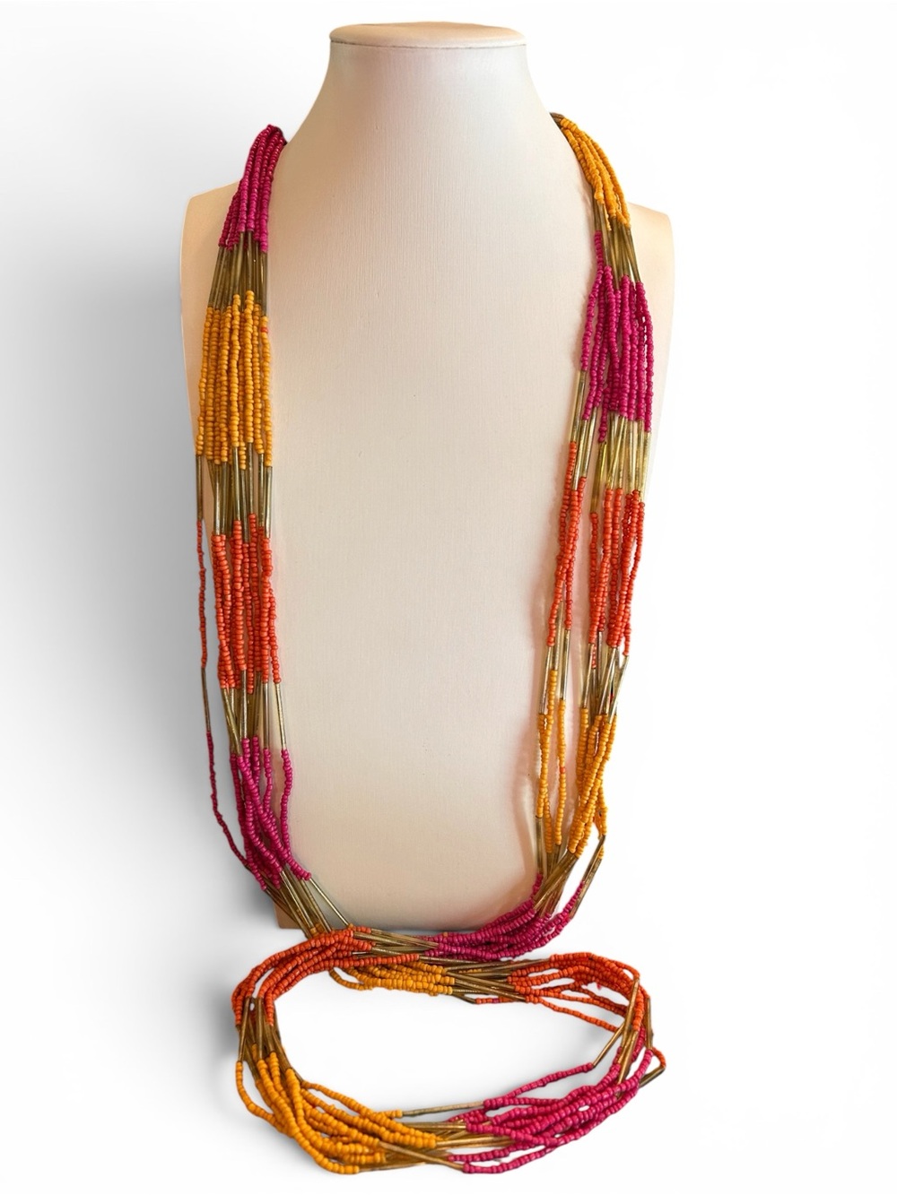Multi-Strand Pink, Orange & Yellow Seed Beaded Necklace and Earring Set